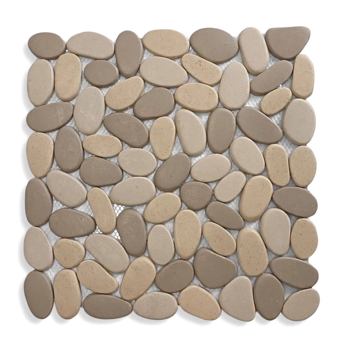 Castilla Flat Stone Pebble Mosaic Tile featuring a square arrangement of smooth, natural beige and grey pebbles.