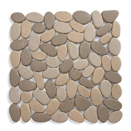 Castilla Flat Stone Pebble Mosaic Tile featuring a square arrangement of smooth, natural beige and grey pebbles.