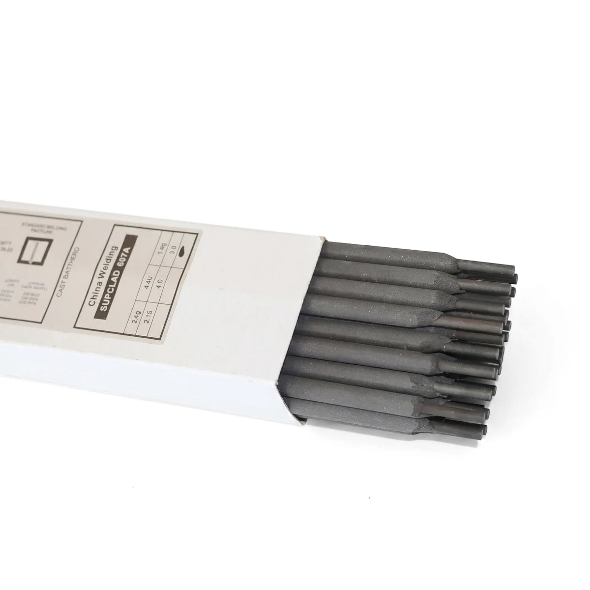 Ccr 3.2mm welding rods in a white box with visible product label, displayed from an elevated angle, ready for industrial use.