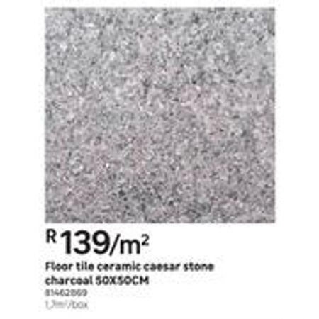 A close-up view of a grey ceramic caesar stone floor tile with a speckled, textured surface, 50x50cm.