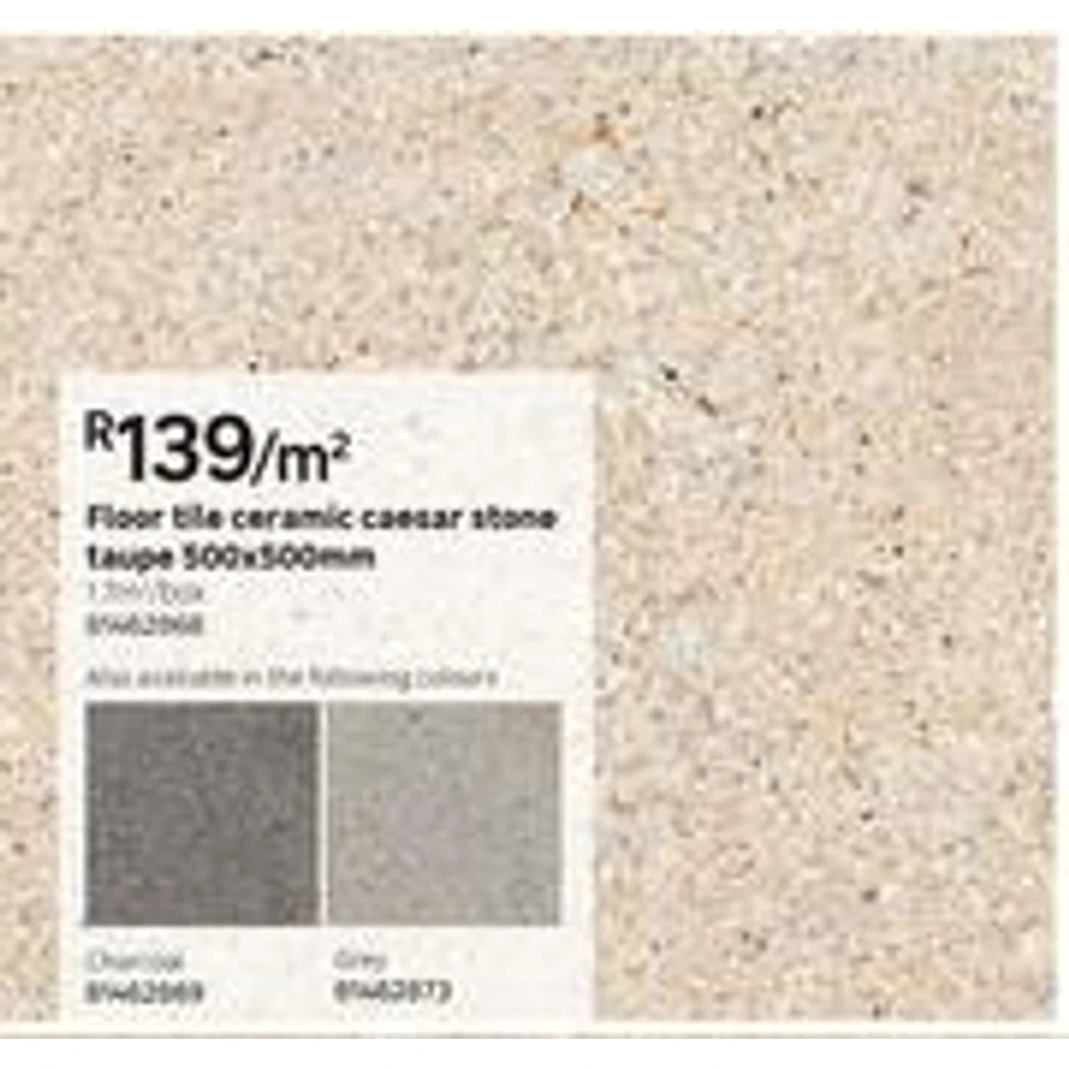 Taupe Ceaser Stone ceramic floor tile, 50x50cm, with a speckled stone texture and small samples of charcoal and grey colors.