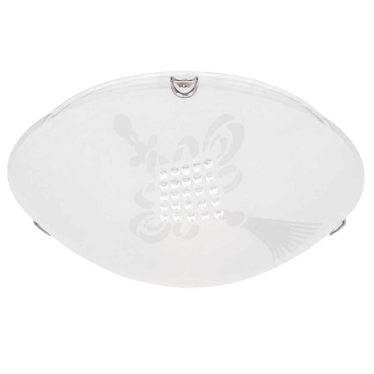 White 400mm ceiling light fitting with a frosted glass dome, etched pattern, and central LED lights, angled overhead view.