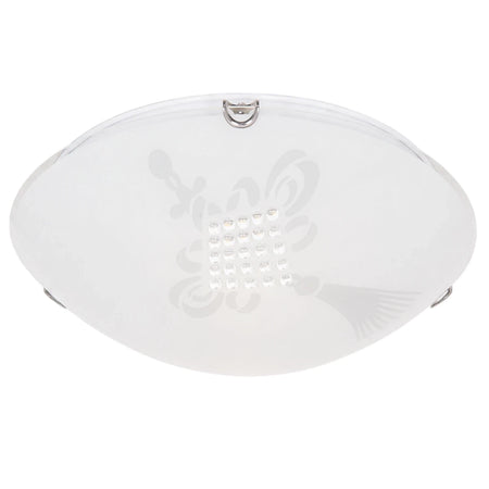 White 400mm ceiling light fitting with a frosted glass dome, etched pattern, and central LED lights, angled overhead view.