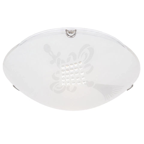 White 400mm ceiling light fitting with a frosted glass dome, etched pattern, and central LED lights, angled overhead view.