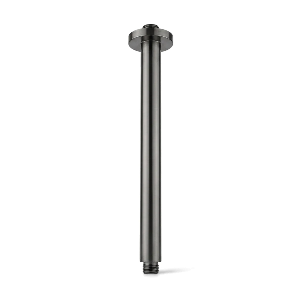 Dark chrome finish ceiling mount shower arm, viewed vertically on a white background, designed for overhead shower