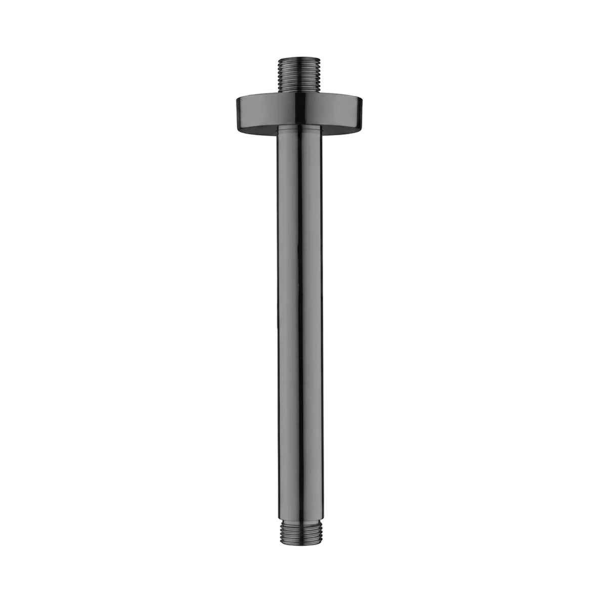 Dark finish stainless steel ceiling mount shower arm, displaying its cylindrical shape and threaded ends.