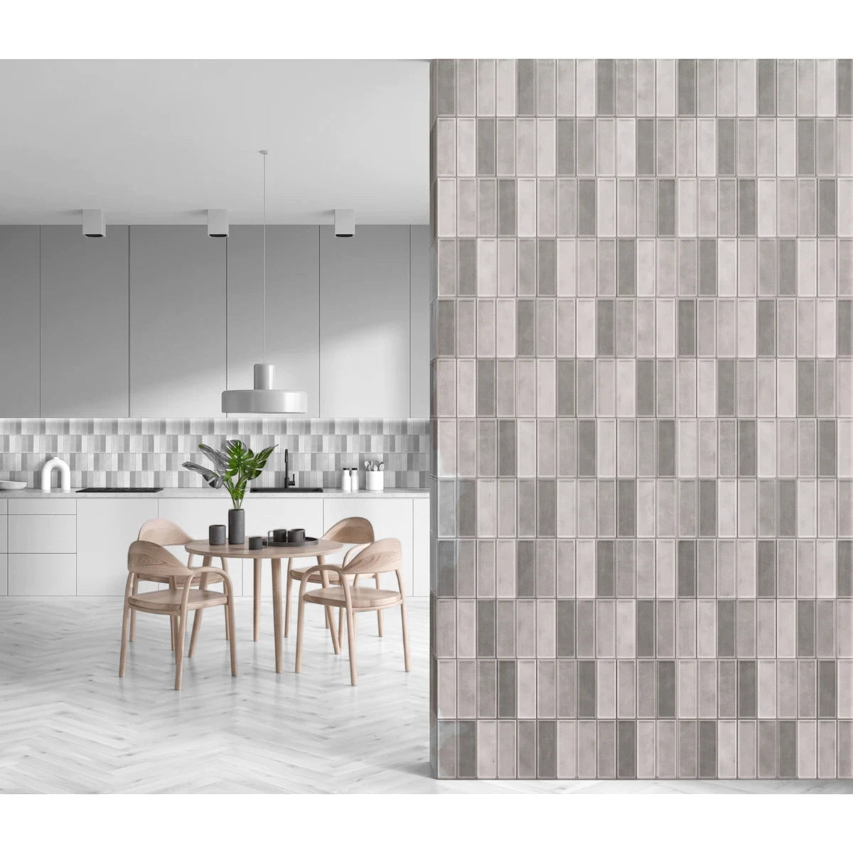 Cemento Dune 30x60cm rectangular gray and light gray tiles displayed on a modern kitchen wall.
