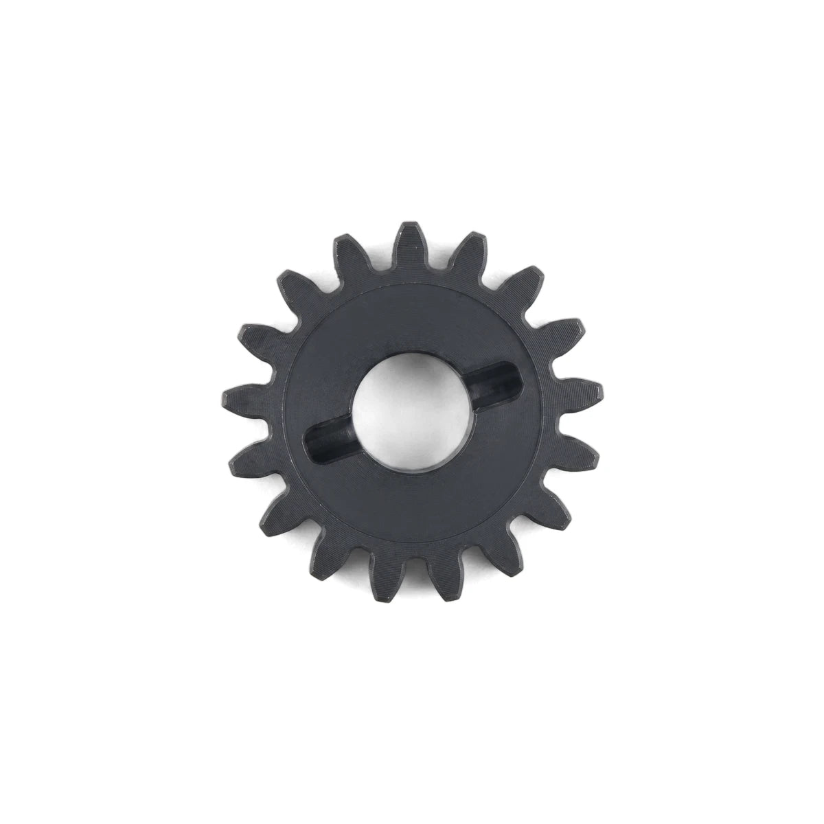 Dark gray Centurion-D5 Pinion with 17 teeth and a 6mm bore for security hardware applications, top view.