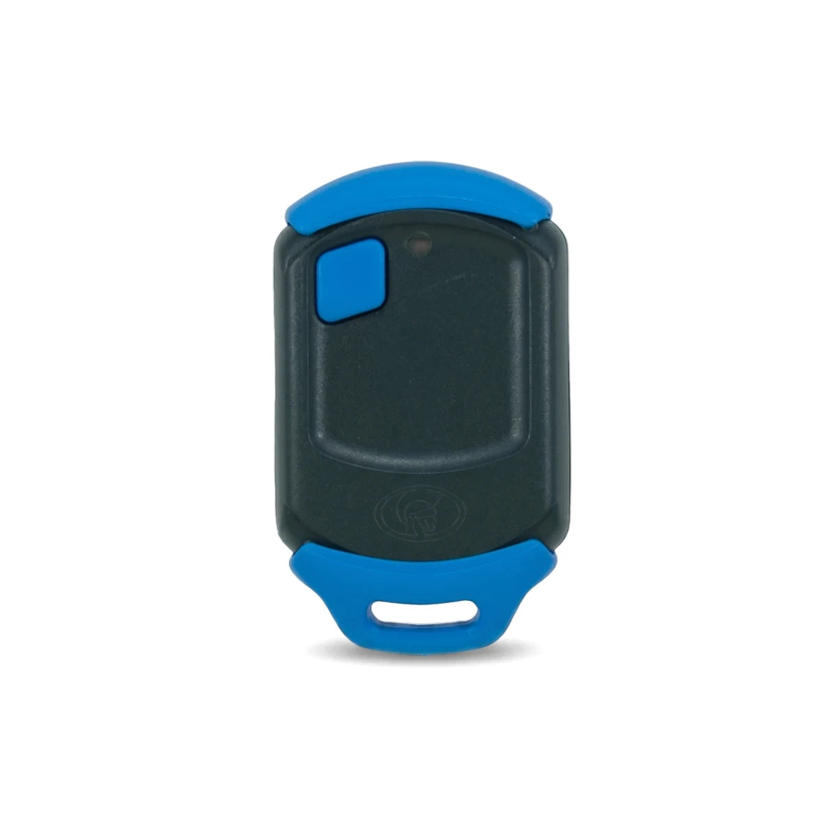 Centurion replacement 1 button remote transmitter in dark grey with blue accents and a loop for attachment.