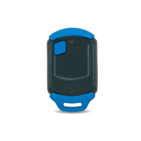 Centurion replacement 1 button remote transmitter in dark grey with blue accents and a loop for attachment.