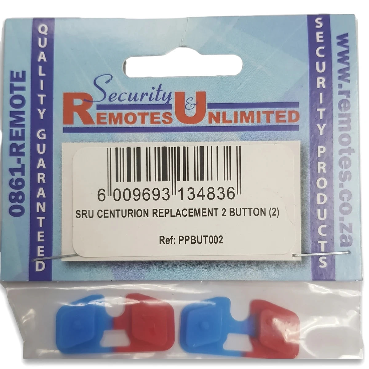 Security Remotes Unlimited Centurion Replacement 2 Button 2 Pack with blue and red buttons in retail packaging.