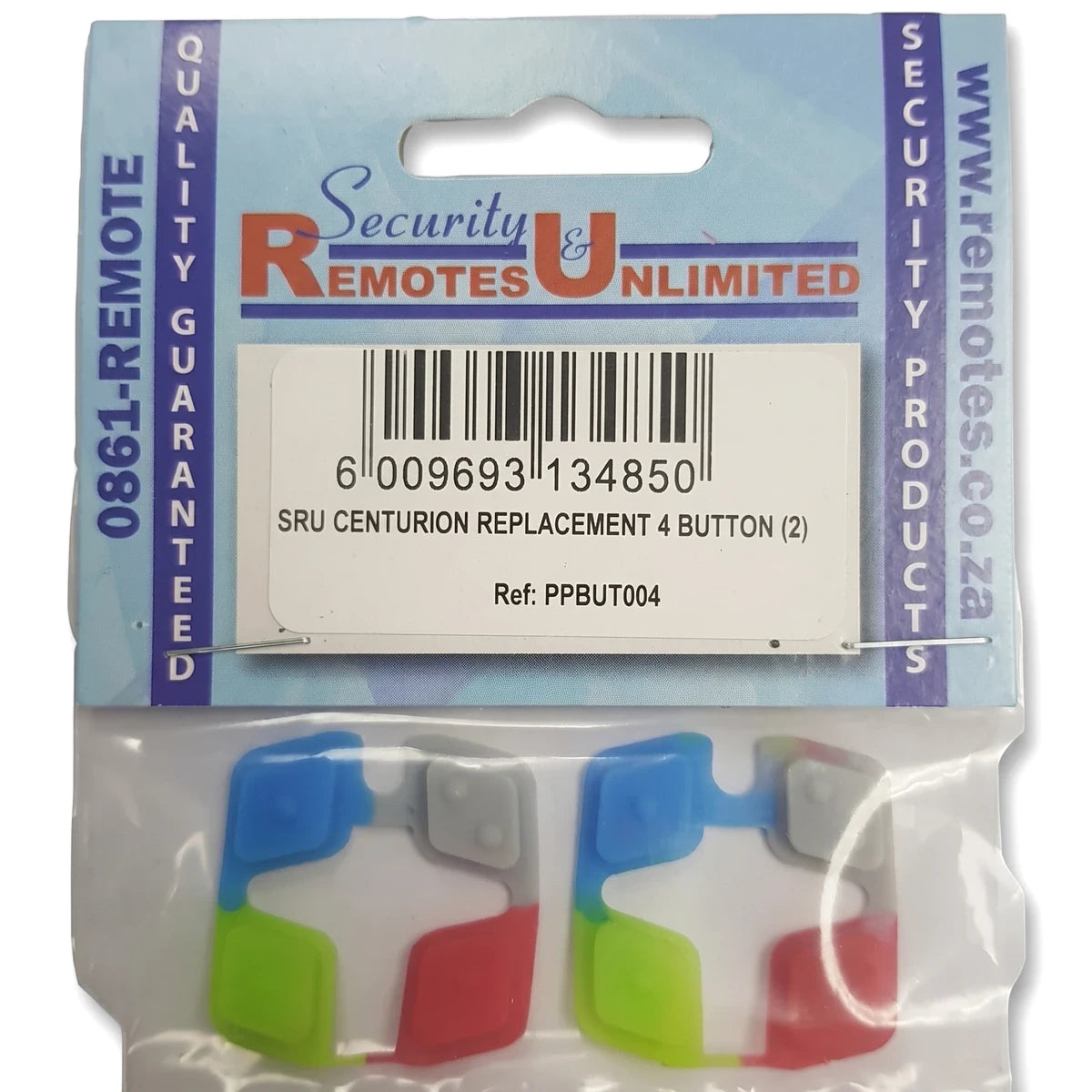 Centurion Replacement 4 Button 2-pack remote key buttons in clear retail packaging, featuring colorful blue, green, red, and
