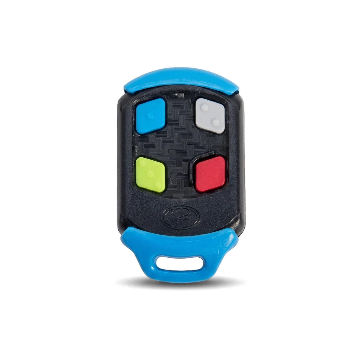 Centurion Replacement 4 Button Remote Transmitter, a black key fob with blue trim and distinct blue, gray, green, and red
