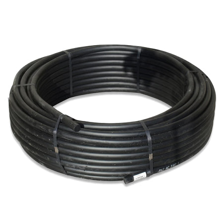 Black Cepex Ez Flow LDPE irrigation pipe, Class 3 15mm, coiled as a 100-meter length, for agricultural or garden use.