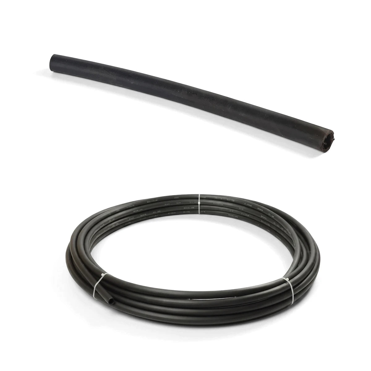 Two black Cepex Ez Flow LDPE irrigation pipes, a straight section and a coiled roll, shown on a white background. The 15mm