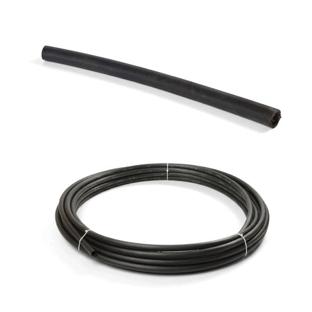 Two black Cepex Ez Flow LDPE irrigation pipes, a straight section and a coiled roll, shown on a white background. The 15mm