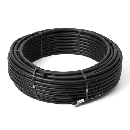 Black Cepex Ez Flow LDPE irrigation pipe, Class 6, 20mm, in a 100M coil, shown on a white background.