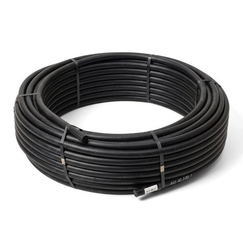 Black Cepex Ez Flow LDPE irrigation pipe, Class 6, 20mm, in a 100M coil, shown on a white background.
