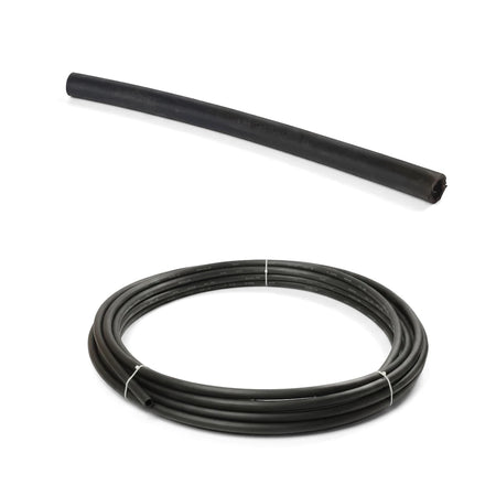 Black Cepex Ez Flow LDPE irrigation pipe, one straight and one coiled, used for water distribution.