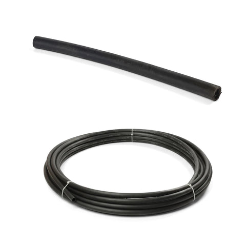 Black Cepex Ez Flow LDPE irrigation pipe, one straight and one coiled, used for water distribution.