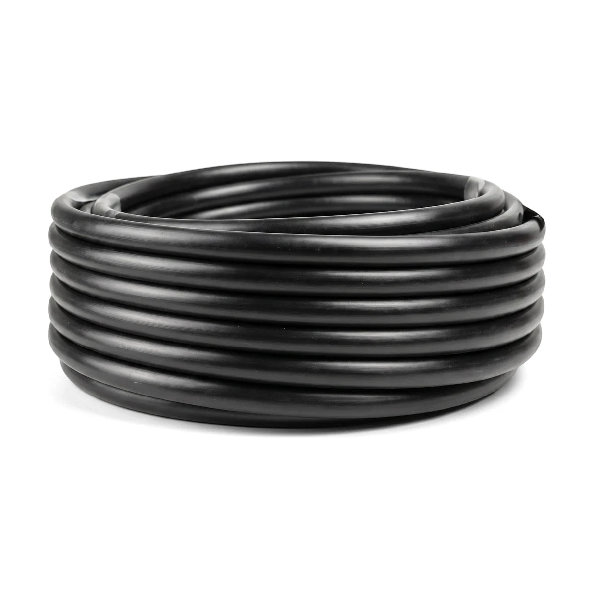 Black Cepex Ez Flow LDPE Class 3 irrigation pipe, 25mm, tightly coiled for storage and transport.