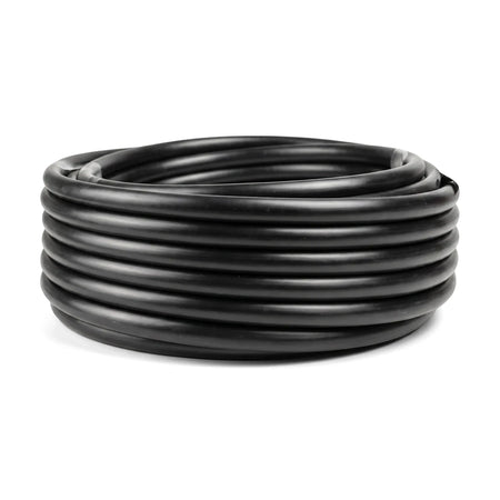 Black Cepex Ez Flow LDPE Class 3 irrigation pipe, 25mm, tightly coiled for storage and transport.