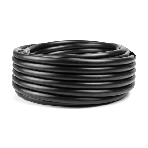 Black Cepex Ez Flow LDPE Class 3 irrigation pipe, 25mm, tightly coiled for storage and transport.