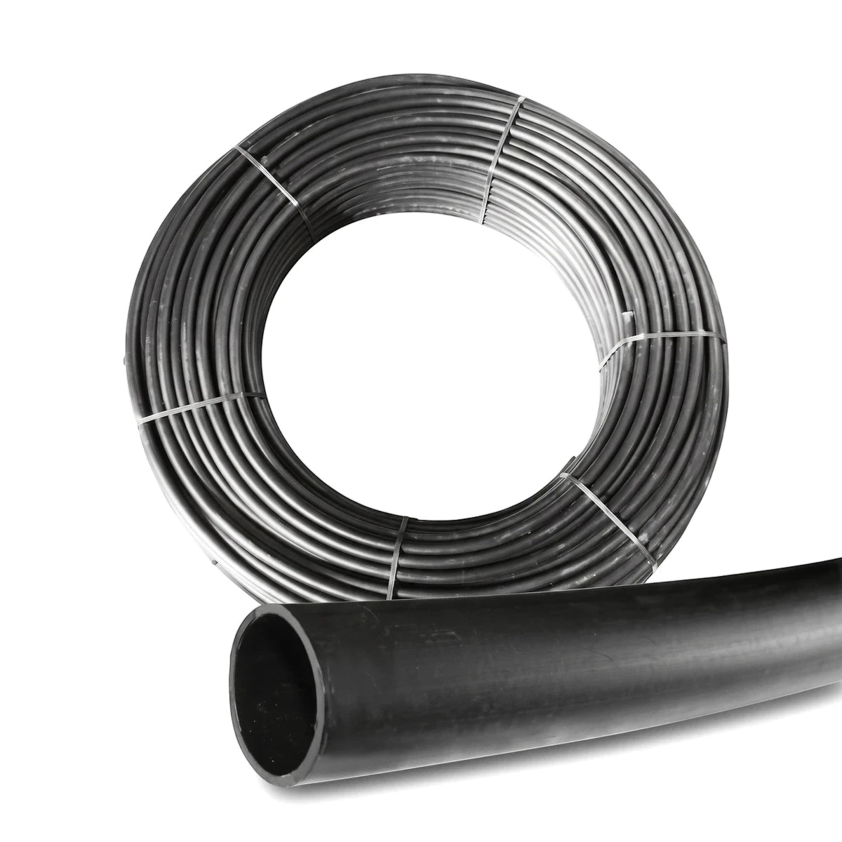 Cepex Ez Flow Ldpe Irrigation Pipe, Class 3, 25mm, black, shown coiled and as a straight cut segment.