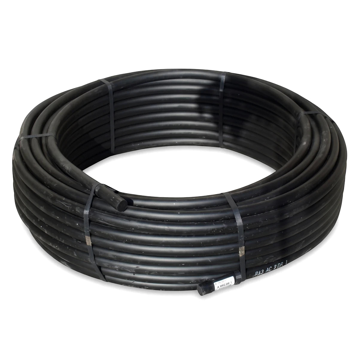 Black Cepex Ez Flow LDPE irrigation pipe, Class 6, 15mm, presented as a 100-meter coil for agricultural and landscaping use.