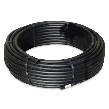 Black Cepex Ez Flow LDPE irrigation pipe, Class 6, 15mm, presented as a 100-meter coil for agricultural and landscaping use.