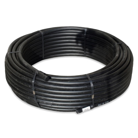 Black Cepex Ez Flow LDPE irrigation pipe, Class 6, 15mm, presented as a 100-meter coil for agricultural and landscaping use.
