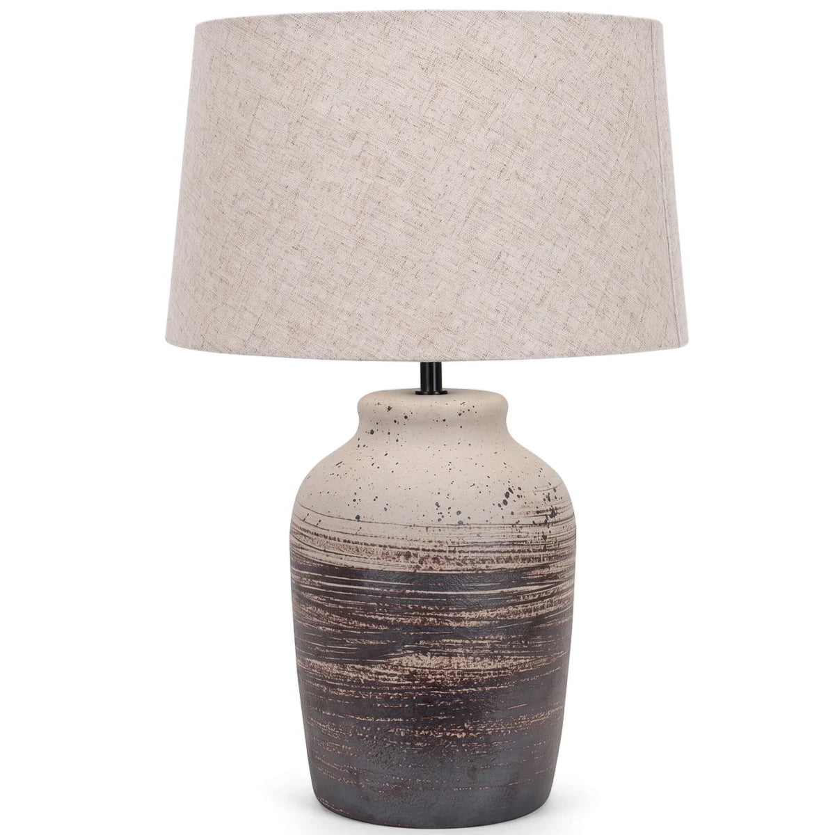 Ceramic base table lamp with a light beige hessian fabric shade and two-tone speckled base. Front view.
