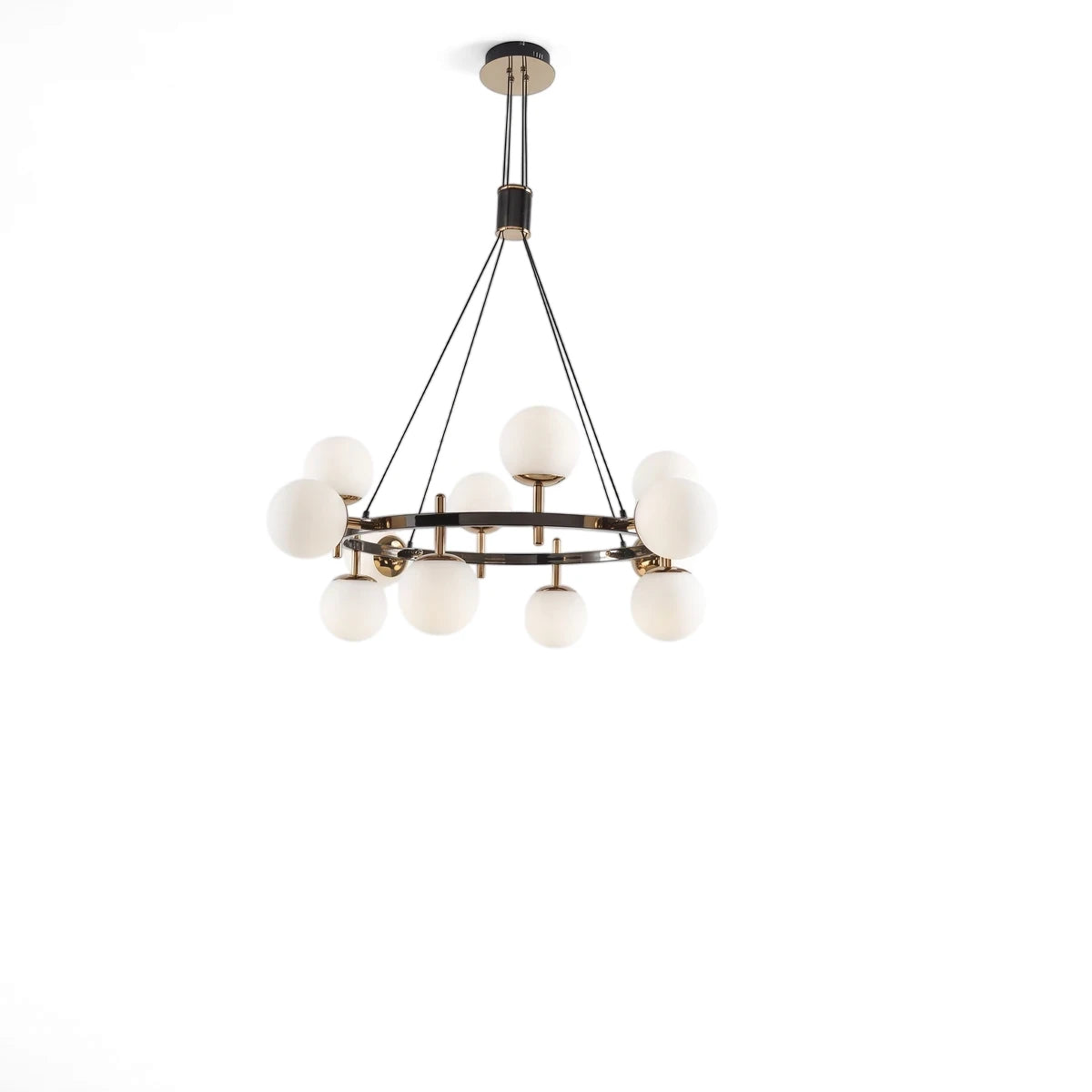 Modern CH397/12 gun metal metal and plastic chandelier with twelve spherical white diffusers hanging.