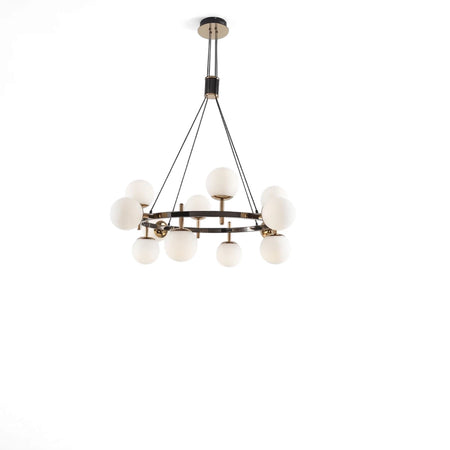 Modern CH397/12 gun metal metal and plastic chandelier with twelve spherical white diffusers hanging.