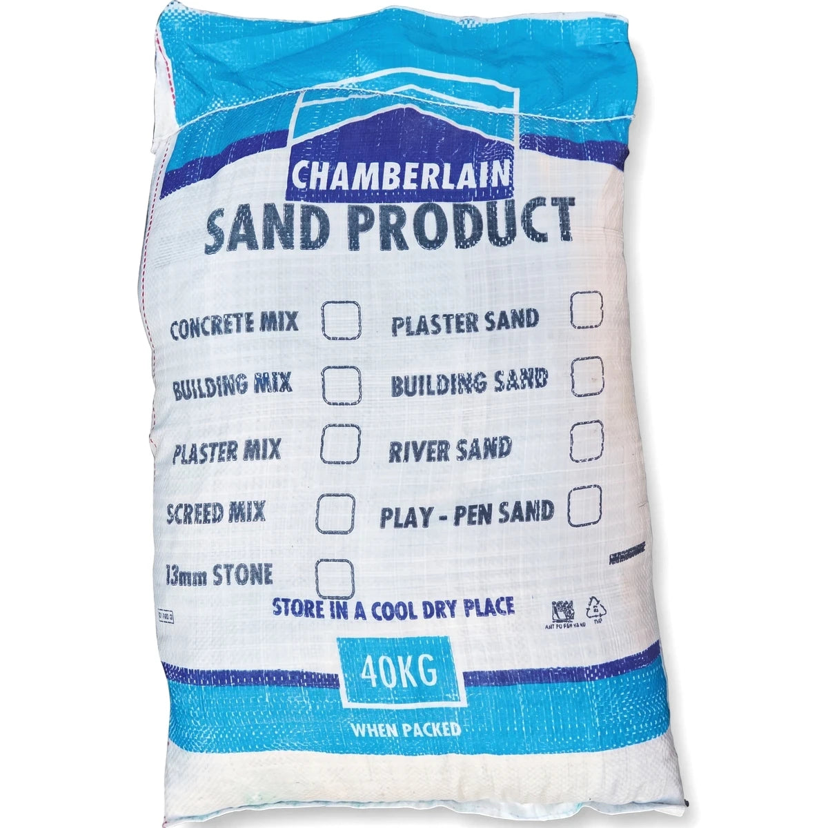 White and blue 40kg Chamberlain Sand Product bag for concrete mix, plaster, building, river, screed, and play-pen