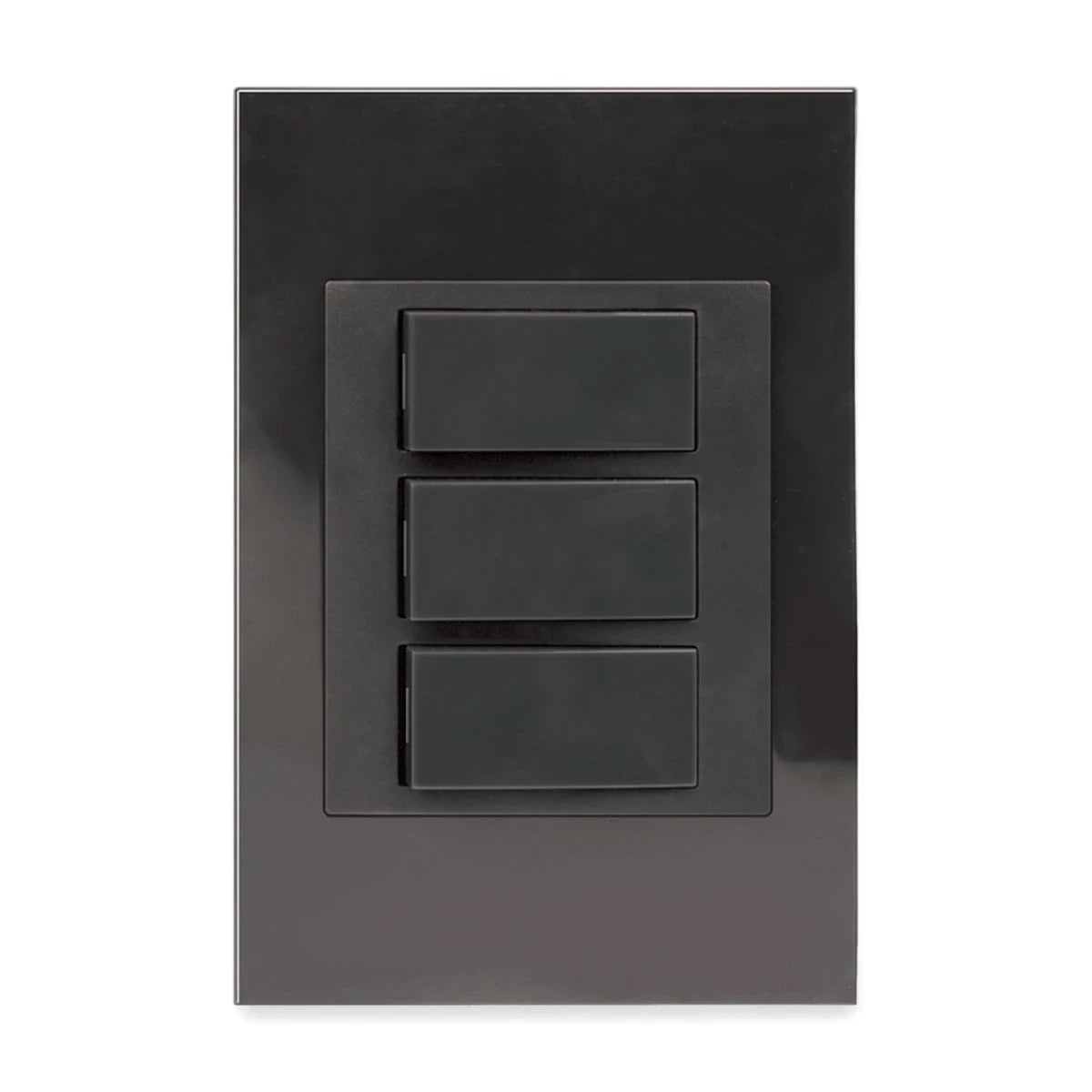 Charcoal 3-lever light switch with three rectangular buttons on a matte finish faceplate, viewed frontally.