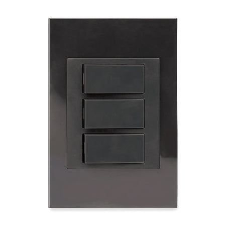 Charcoal 3-lever light switch with three rectangular buttons on a matte finish faceplate, viewed frontally.