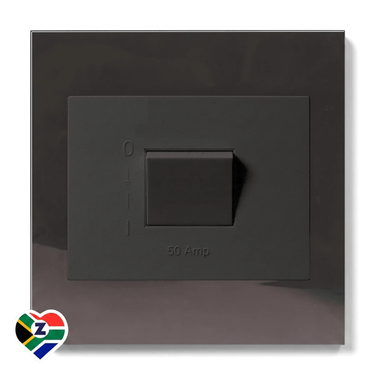 Charcoal 50A 2 Pole Isolator switch, dark grey with a central toggle. Features clear '0-1' and '50 Amp' markings, plus a