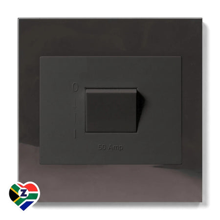 Charcoal 50A 2 Pole Isolator switch, dark grey with a central toggle. Features clear '0-1' and '50 Amp' markings, plus a