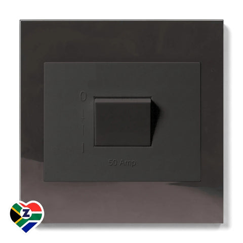 Charcoal 50A 2 Pole Isolator switch, dark grey with a central toggle. Features clear '0-1' and '50 Amp' markings, plus a