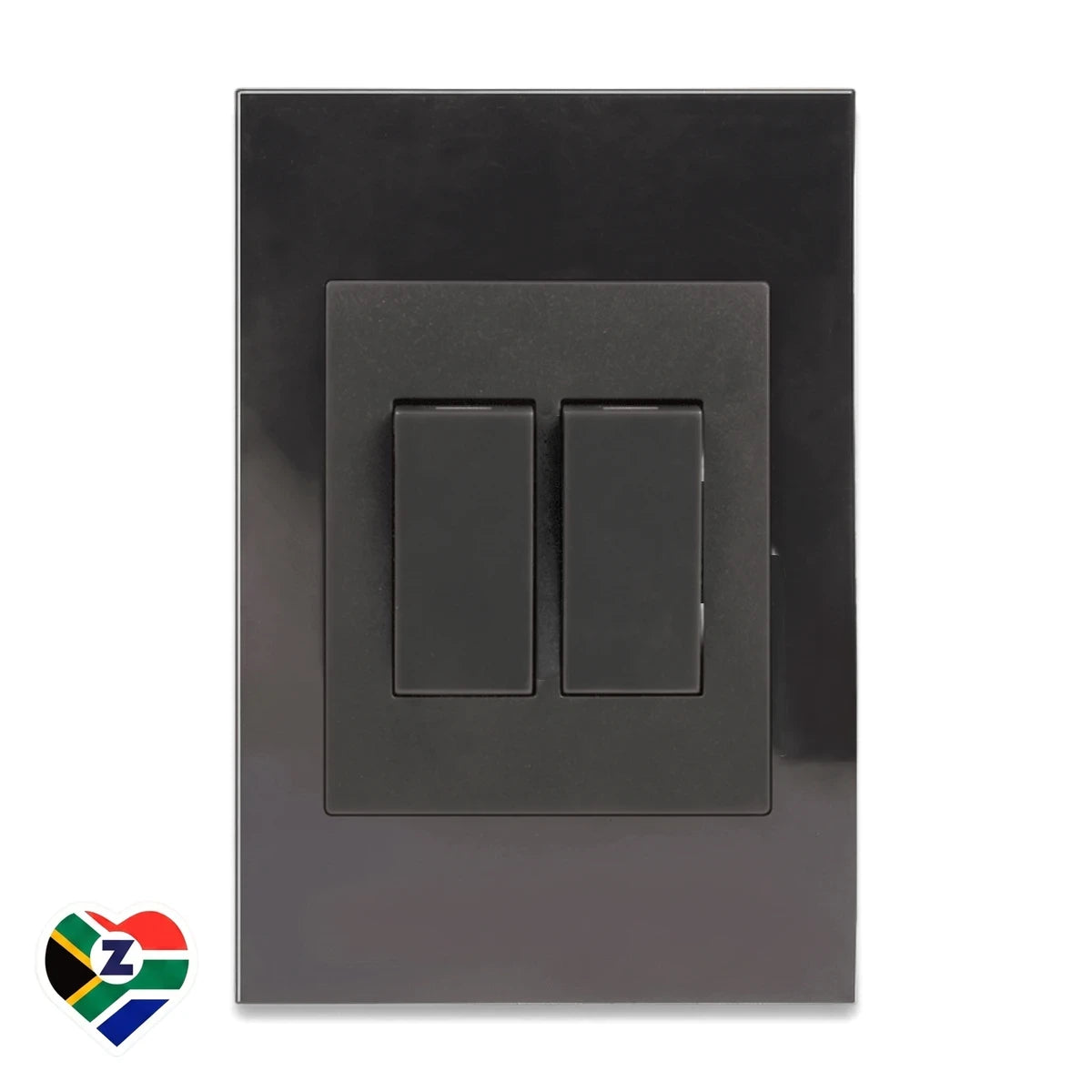 Charcoal black 2 lever light switch with a glossy outer plate and matte finish levers, presented frontally.