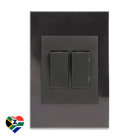 Charcoal black 2 lever light switch with a glossy outer plate and matte finish levers, presented frontally.