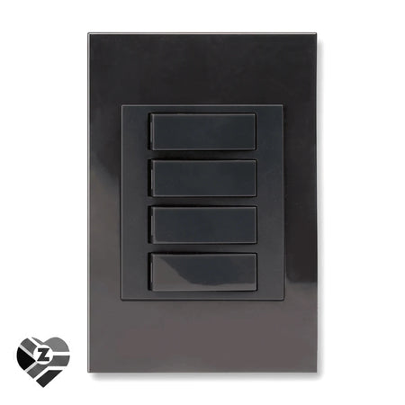Charcoal 4 lever light switch with four rectangular switches. A modern electrical fixture for home or office wall