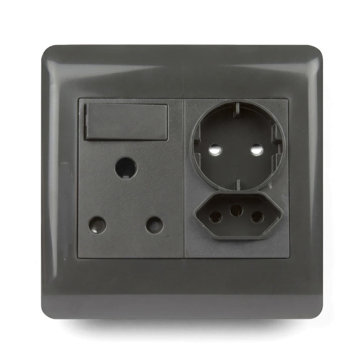 Close-up of a charcoal grey single switched socket featuring a 16A Type F, a 3-pin round, and a 3-pin flat IEC socket.