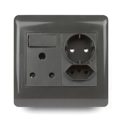 Close-up of a charcoal grey single switched socket featuring a 16A Type F, a 3-pin round, and a 3-pin flat IEC socket.