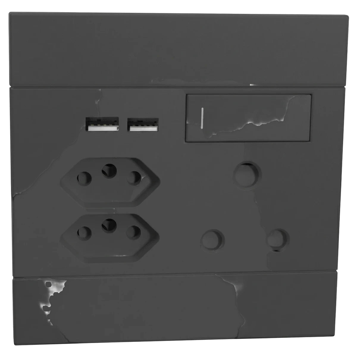 Charcoal switch socket with two USB ports, two Type M and two Type G international sockets, shown in a front view.