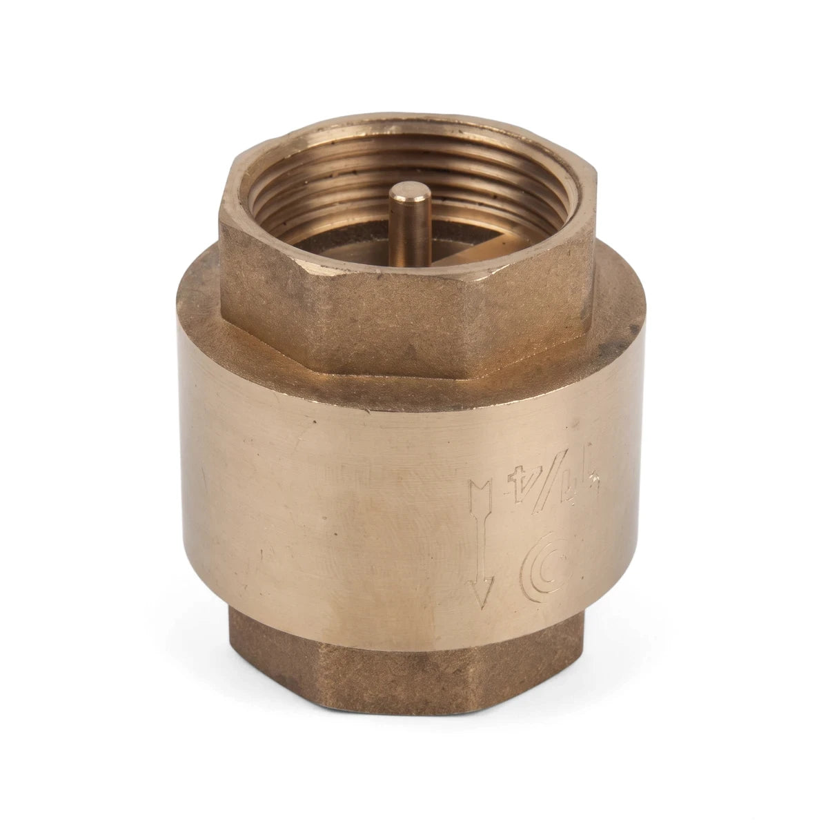 Brass 40mm spring type check valve for plumbing applications, featuring a hexagonal body and threaded openings, viewed from