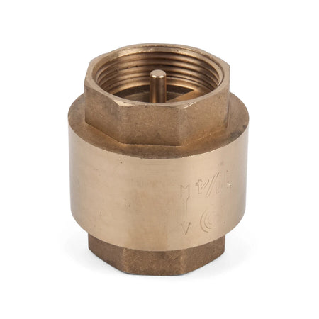 Brass 40mm spring type check valve for plumbing applications, featuring a hexagonal body and threaded openings, viewed from