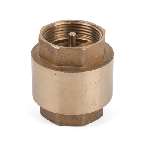 Brass 40mm spring type check valve for plumbing applications, featuring a hexagonal body and threaded openings, viewed from