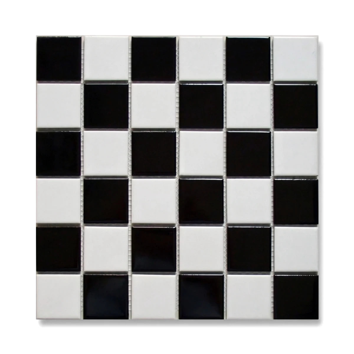 48x48mm Chess Board Mosaic Tile in a classic black and white checkerboard pattern, perfect for bathroom or kitchen walls.